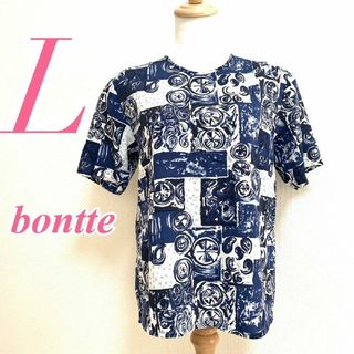 BONETTE　半袖ブラウス　L　ブルー　ホワイト　総柄　ポリエステル(カットソー(半袖/袖なし))