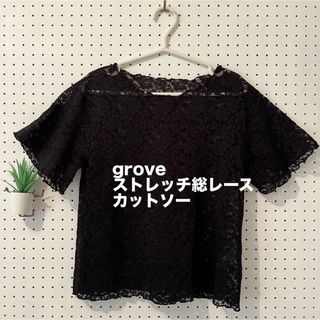 グローブ(grove)の【美品】grove 総レース半袖カットソー　黒(カットソー(半袖/袖なし))