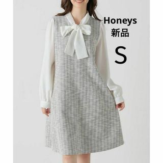 ハニーズ(HONEYS)の新品 春夏ドレス ガーリーなレイヤード風 ボウタイワンピース チュニック 長袖(ひざ丈ワンピース)