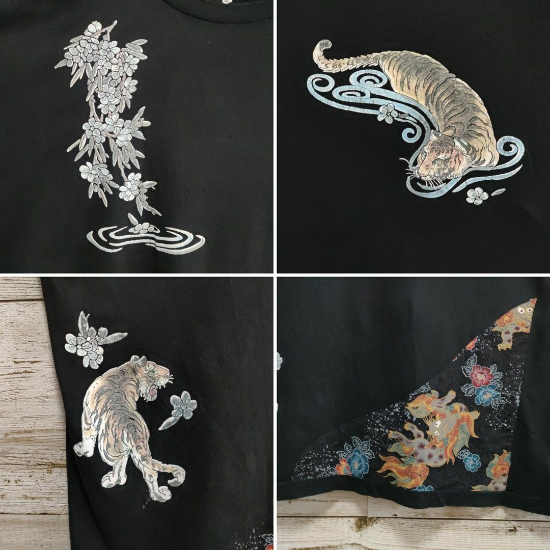 【585】和風屏風　掛け軸　トラ虎唐獅子半袖Tシャツバックプリント後ろ側切り替え メンズのトップス(Tシャツ/カットソー(半袖/袖なし))の商品写真