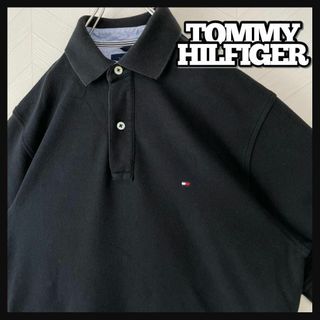 トミーヒルフィガー(TOMMY HILFIGER)のトミーヒルフィガー ポロシャツ ブラック 半袖 刺繍 フラッグロゴ USA古着(ポロシャツ)