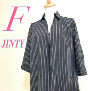 JINTY　シャツワンピース　F　ネイビー　ホワイト　レース　ストライプ　ひざ丈(ひざ丈ワンピース)