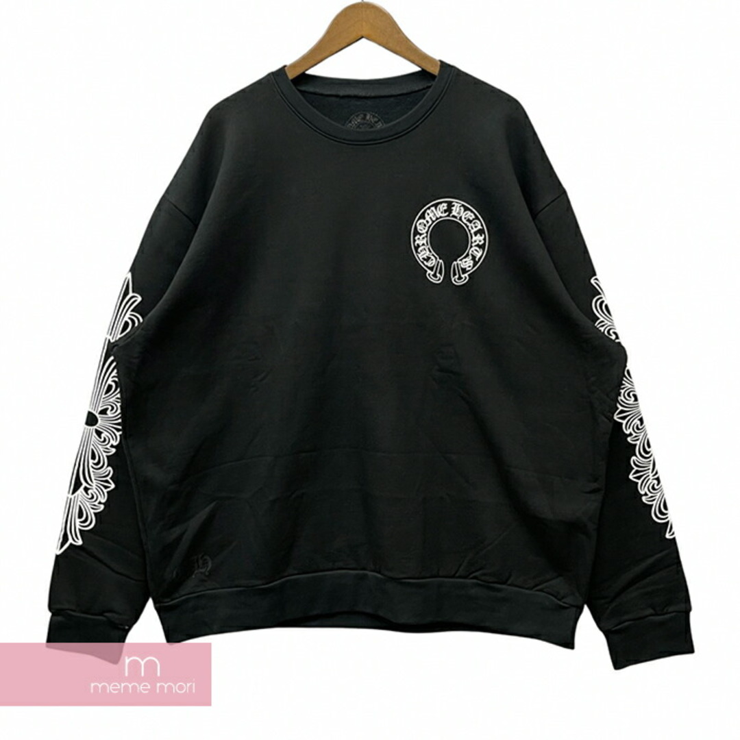 Chrome Hearts(クロムハーツ)のCHROME HEARTS Horseshoe Crewneck Sweatshirt クロムハーツ ホースシュークルーネックスウェットシャツ トレーナー 袖フローラルクロスプリント ブラック サイズL【240419】【新古品】【me04】 メンズのトップス(スウェット)の商品写真