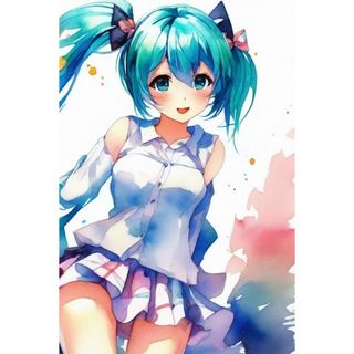 初音ミク 可愛い 女の子 少女 水着 ファンアート イラスト 水彩画紙 37