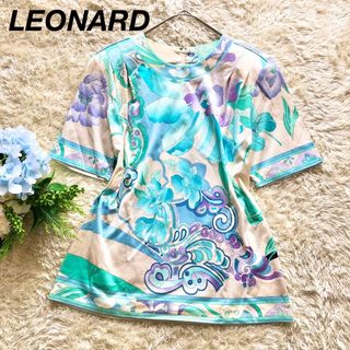 LEONARD♪レオナール　花総柄　ブルーカットソー　ブランドロゴ　ブラウスM　