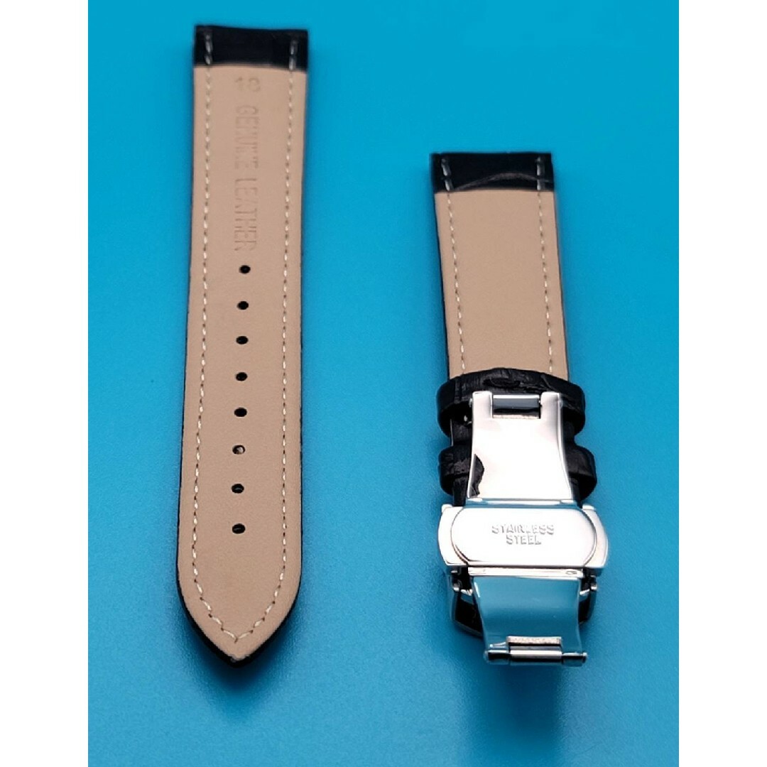 腕時計用品⑬【未使用】18㎜ レザーベルト 黒色 クロコダイル調 本革防水加工 メンズの時計(レザーベルト)の商品写真