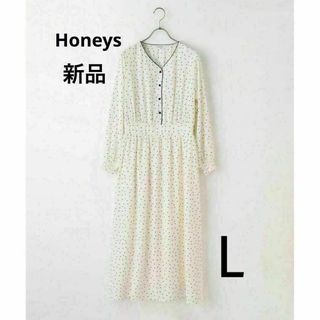 HONEYS - 新品 春ドレス 細見え Vネック水玉ロングワンピース 長袖 大きいサイズ L 白