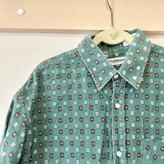 古着 柄シャツ 長袖 緑 グリーン レトロ サブカル Lサイズ ヴィンテージ