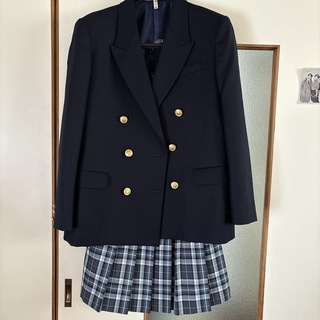 制服風　ウール100％紺ダブルブレザー　ブルー系チェックプリーツスカート(ジャケット/上着)