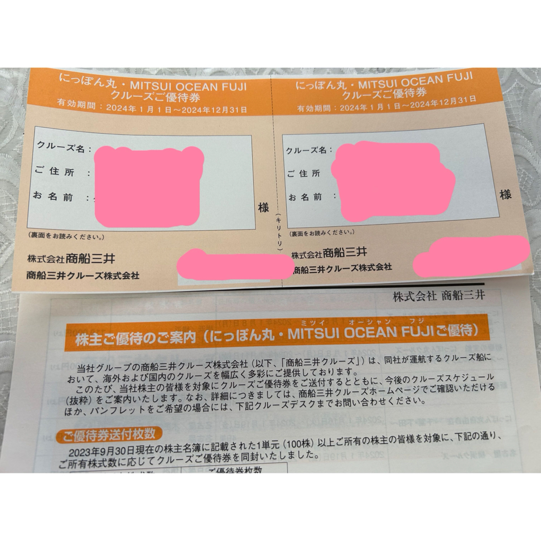 商船三井　株主優待 「にっぽん丸」クルーズご優待券 　2枚  チケットの優待券/割引券(その他)の商品写真