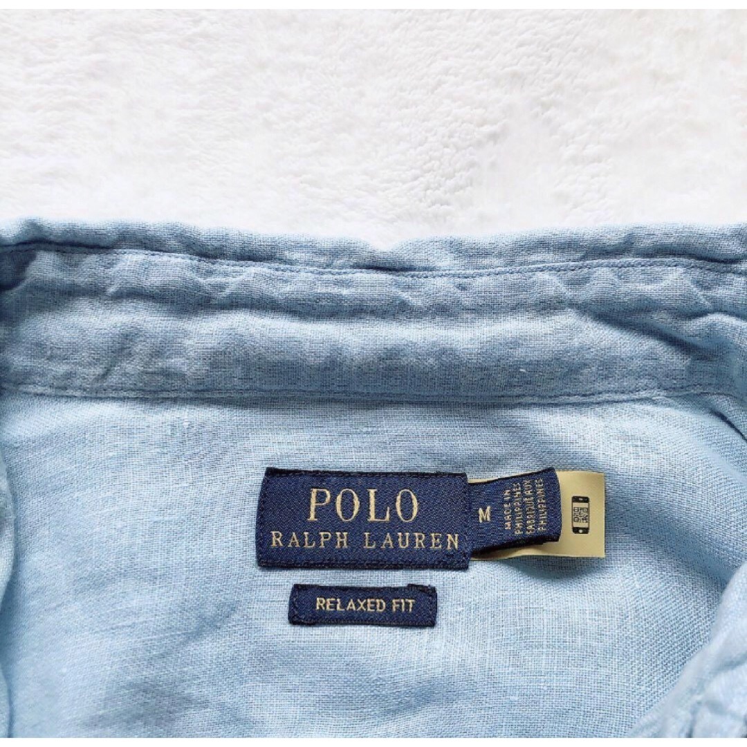 POLO RALPH LAUREN(ポロラルフローレン)の美品　RALPH LAURENラルフローレン　リネン　シャツ　くすみ　ブルー　M レディースのトップス(シャツ/ブラウス(長袖/七分))の商品写真