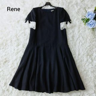 ルネ(René)の美品 Rene ルネ 袖レースフレアワンピース リボン 34 S ウォッシャブル(ひざ丈ワンピース)