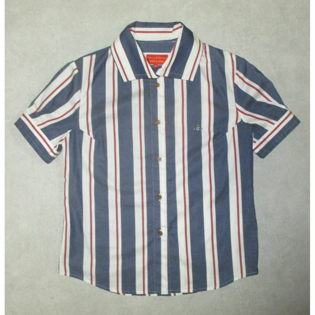 Vivienne Westwood(ヴィヴィアンウエストウッド)のヴィヴィアン・ウエストウッド　ストライプ　シャツ　紺　サイズ 3 (L位) レディースのトップス(シャツ/ブラウス(半袖/袖なし))の商品写真