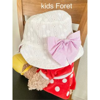 キッズフォーレ(KIDS FORET)のキッズフォーレ　夏用　帽子　レース　りぼん　ベビー　女の子　日除け　麦わら帽子(帽子)