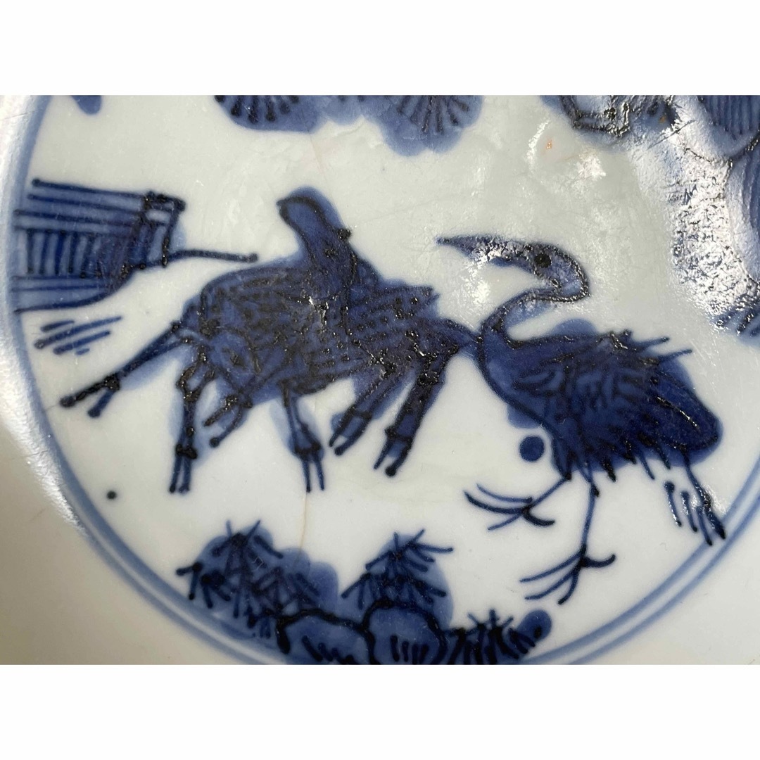 骨董 アンティーク 古染付 青花 松鹿鶴図 五寸皿 丸皿 清朝 中国 骨董 アンティーク 古染付 青花 松鹿鶴図 五寸皿 丸皿 清朝 中国