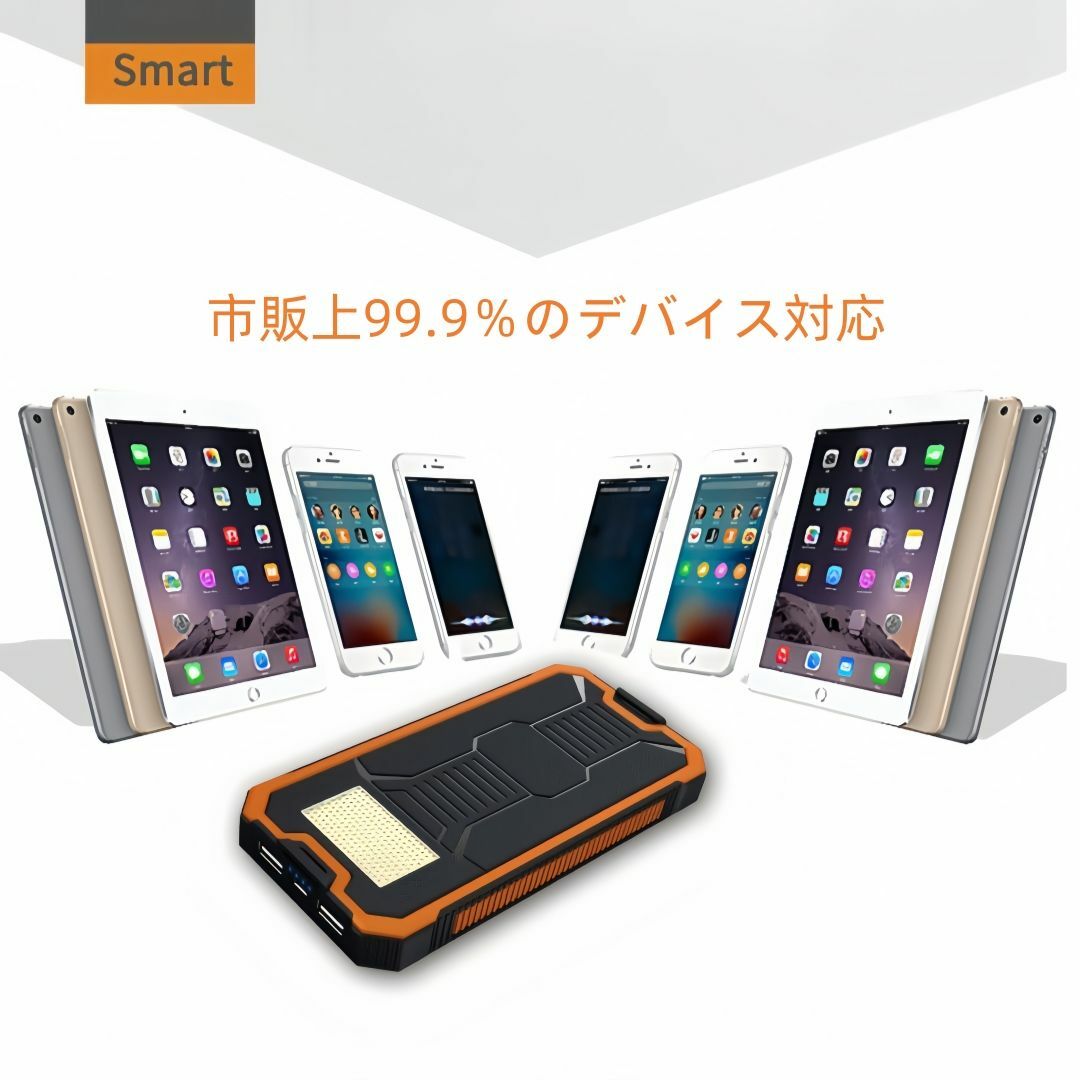 ソーラーモバイルバッテリー 20000mAh 超大容量 軽量 ライト付き　PSE スマホ/家電/カメラのスマートフォン/携帯電話(バッテリー/充電器)の商品写真