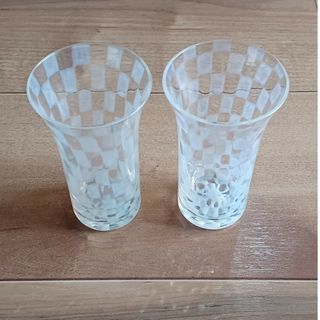 未使用品　保管品　大正浪漫一口ビールグラス 乳白色市松模様2個セット(グラス/カップ)