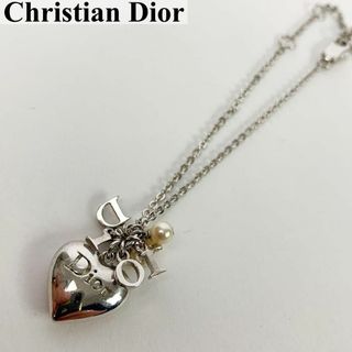 美品 DIOR ネックレス シルバー ハート パール チャーム ロゴ 刻印