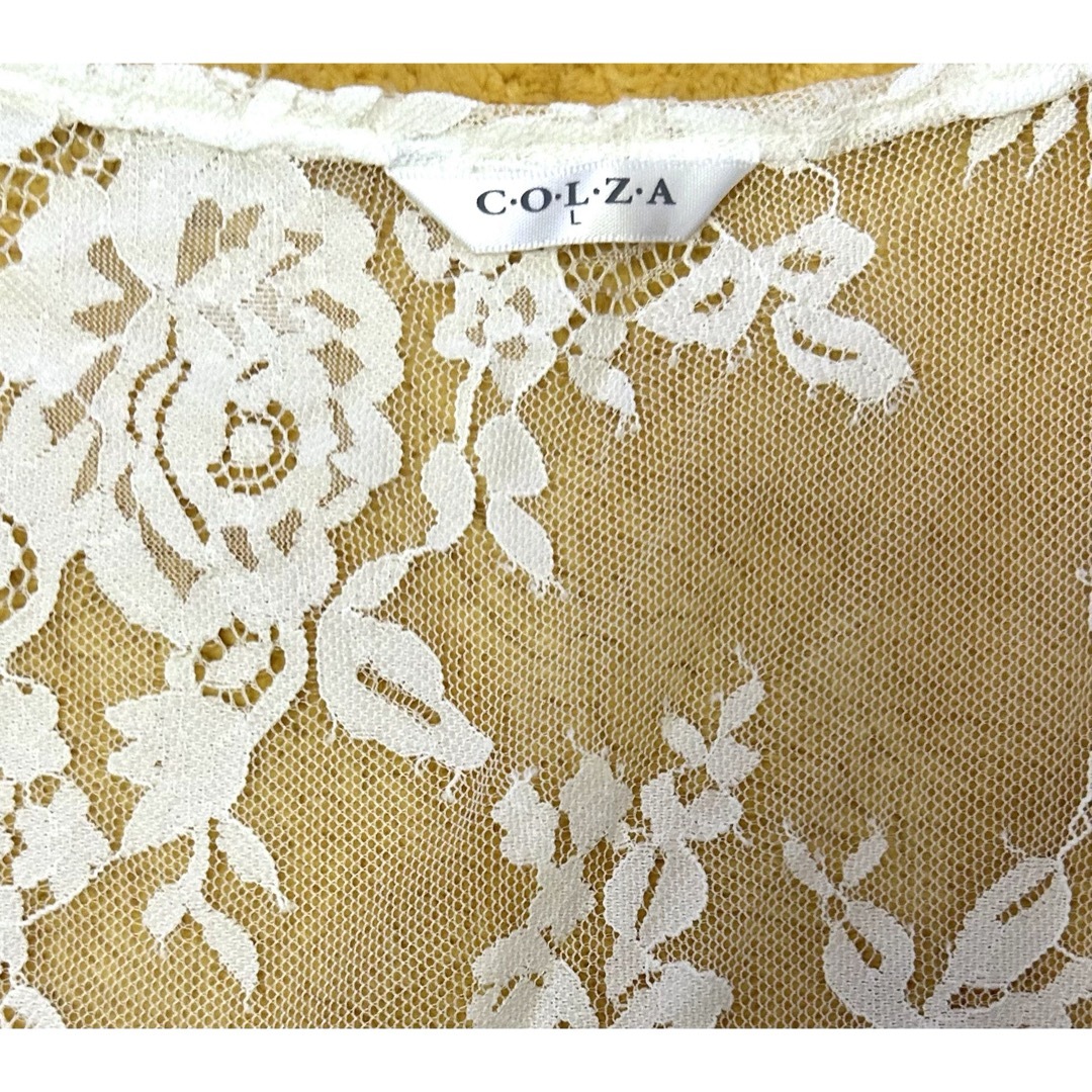 COLZA(コルザ)のほぼ新品　コルザ　COLZA レース　半袖　カーディガン　花柄　白　Ｌ  レディースのトップス(カーディガン)の商品写真