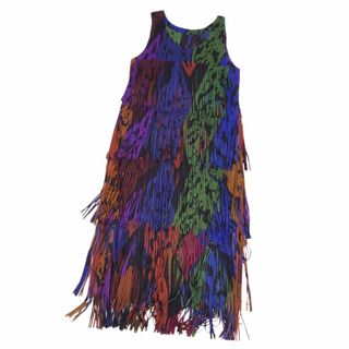 プリーツプリーズイッセイミヤケ(PLEATS PLEASE ISSEY MIYAKE)の美品 プリーツプリーズ イッセイミヤケ PLEATS PLEASE ワンピース ノースリーブ フリンジ 総柄 プリーツ トップス レディース 3(L相当) マルチカラー(ひざ丈ワンピース)