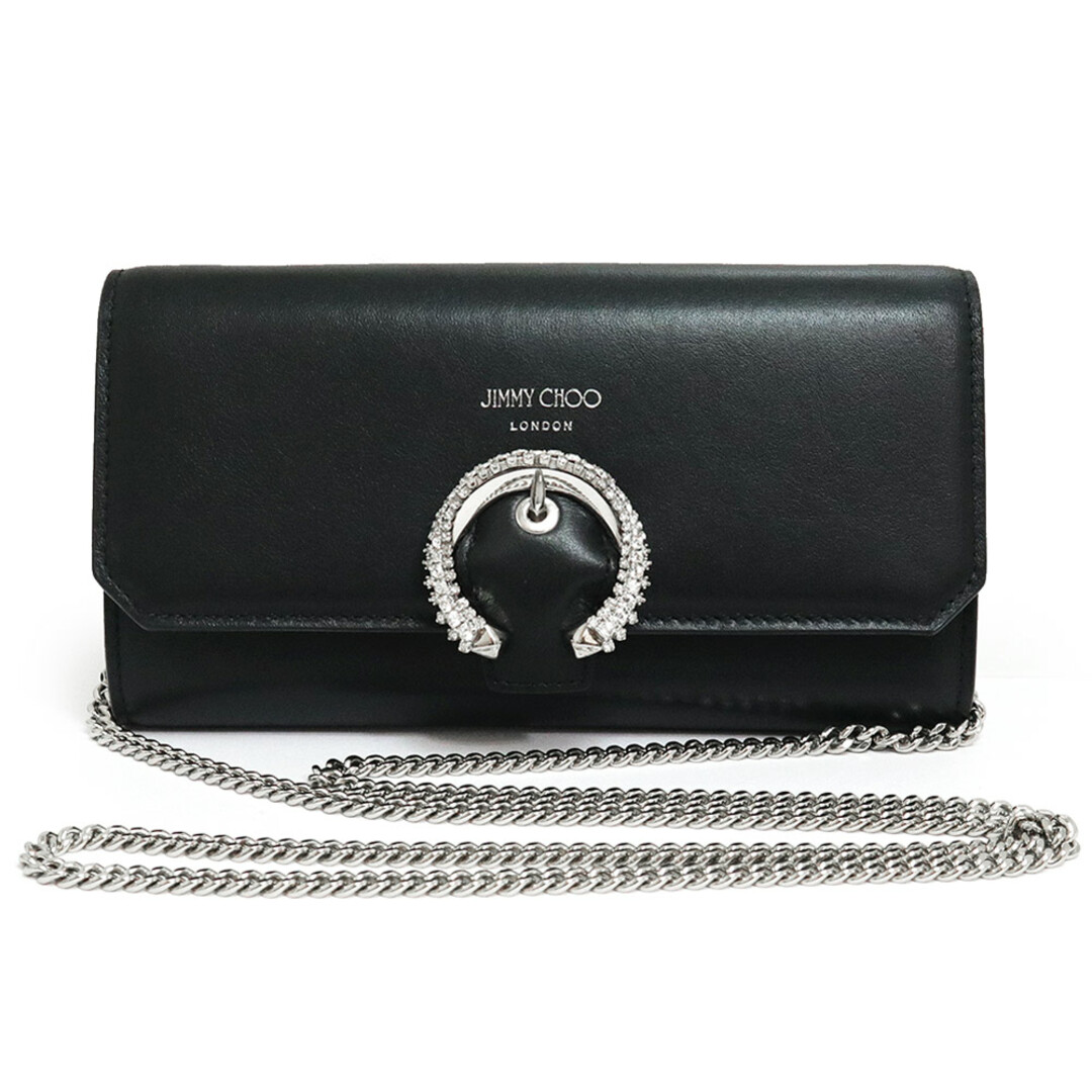 JIMMY CHOO(ジミーチュウ)のジミーチュウ Wallet W/chain クリスタルバックル 斜め掛け ショルダー チェーン ウォレット 長財布 カーフスキン レザー ブラック 黒 シルバー金具 WALLETWCHAIN 箱付 JIMMY CHOO（新品・未使用品） レディースのバッグ(ショルダーバッグ)の商品写真