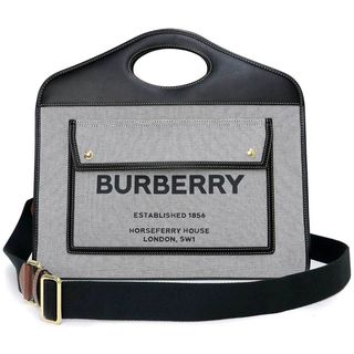 バーバリー(BURBERRY)のバーバリー ツートン ミディアム ポケットバッグ 2way ショルダー ハンドバッグ 斜め掛け キャンバス カーフスキン レザー ブラック グレー 黒 ゴールド金具 8036785 BURBERRY（未使用　展示品）(ショルダーバッグ)