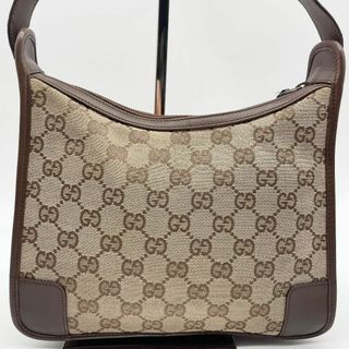 グッチ(Gucci)の美品✨グッチ　ワンショルダーバッグ　GGキャンバス　レザー　ホーボー　ブラウン(ショルダーバッグ)