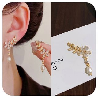 ピアス 韓国 フラワーピアス パール ゴールド ドロップピアス 上品 高見え(ピアス)