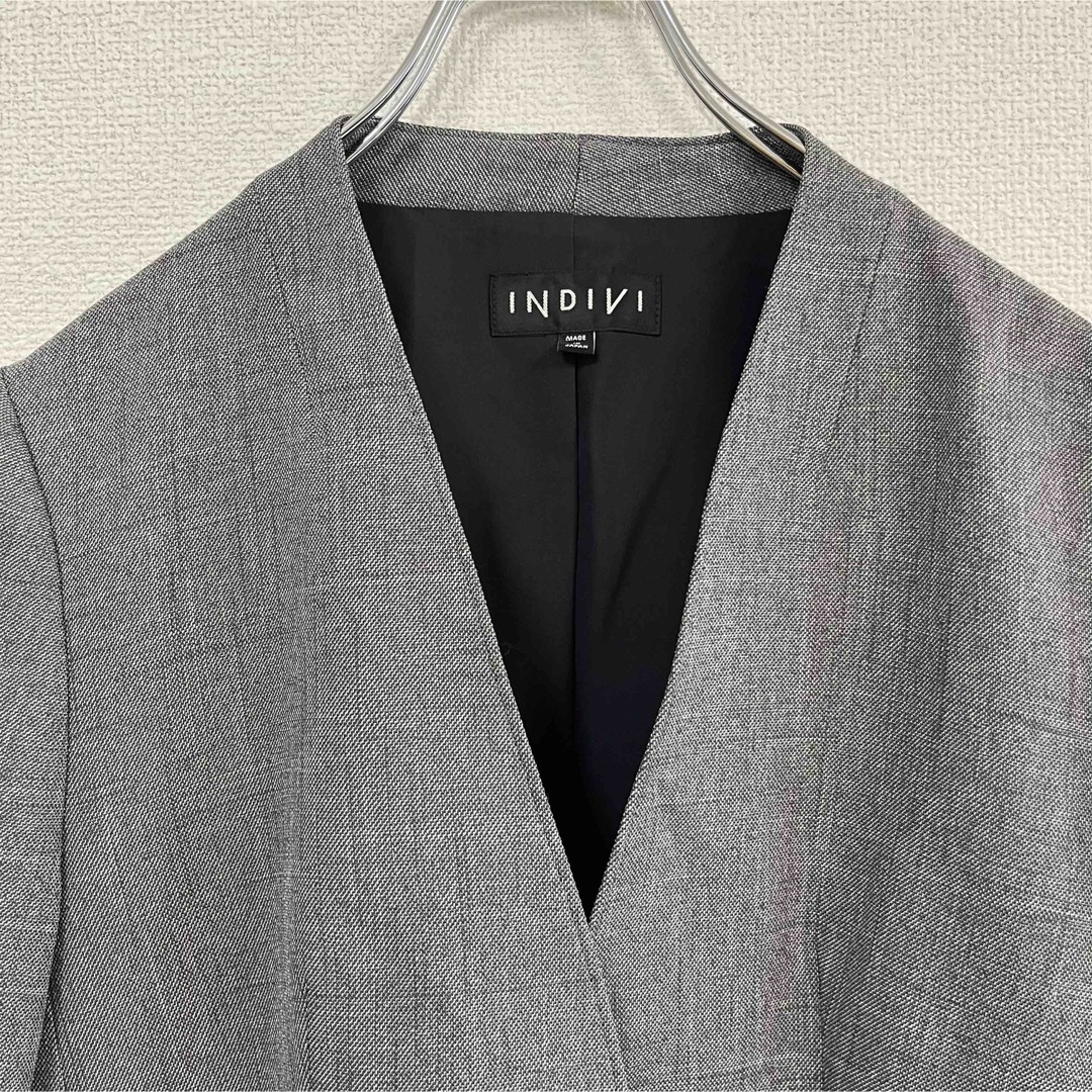 INDIVI ノーカラージャケット グレー 大きいサイズ 40 INDIVI ノーカラージャケット グレー 大きいサイズ 40