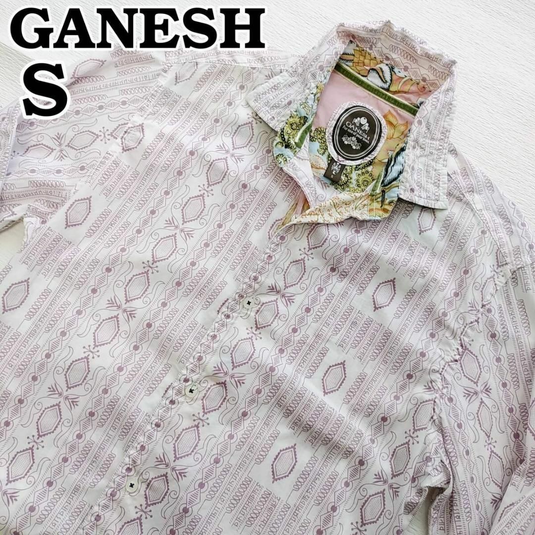 GANESH(ガネーシュ)のガネーシュ　メンズS　長袖シャツ　ドット　幾何学柄　総柄シャツ　綿　ピンク メンズのトップス(シャツ)の商品写真