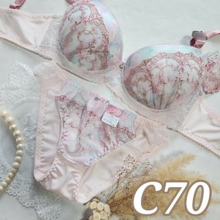 №666【C70】マーブルファンシーレースブラジャー&フルバックショーツ(ブラ&ショーツセット)