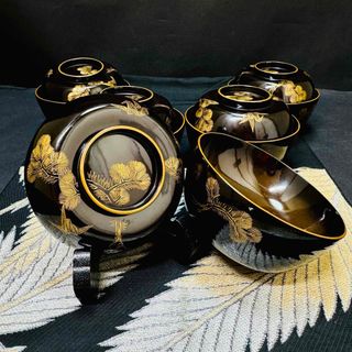 漆器 輪島塗 沈金松鶴 金蒔絵 木製 蓋付椀 お煮物椀 吸物椀 5客 骨董の 漆器 輪島塗 沈金松鶴 金蒔絵 木製 蓋付椀 お煮物椀 吸物椀 5客 骨董の
