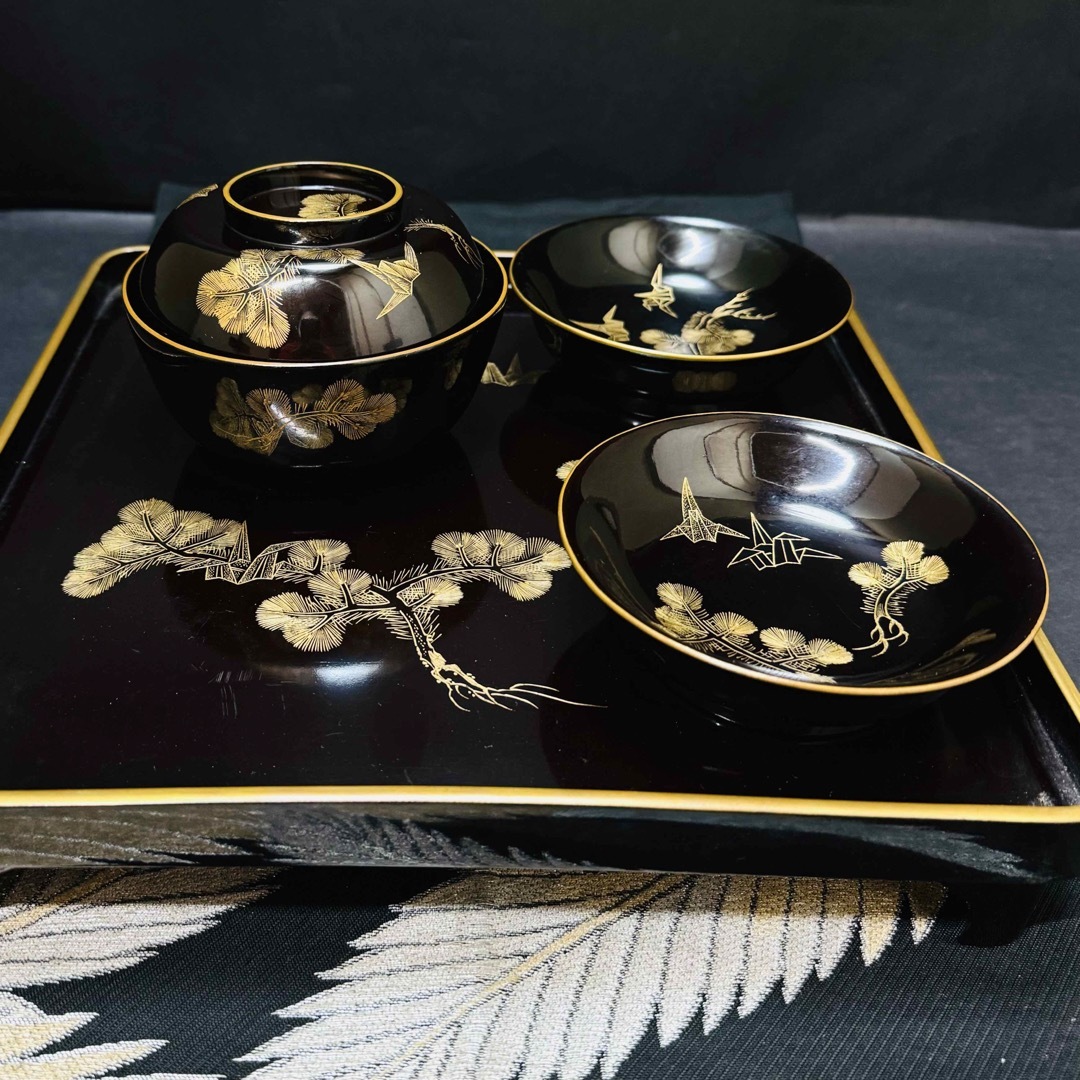 漆器 輪島塗 沈金松鶴 金蒔絵 木製 皿 小鉢 10客 骨董 漆器 輪島塗 沈金松鶴 金蒔絵 木製 皿 小鉢 10客 骨董