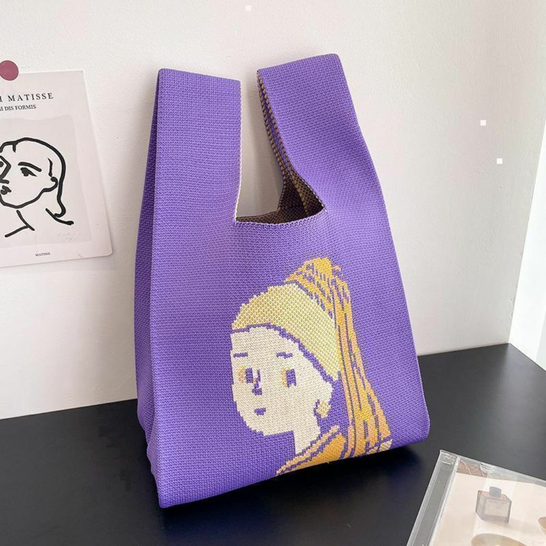 ニット　オシャレな　トートバッグ　ターバンの少女　紫　ミニバッグ　サブバッグ レディースのバッグ(トートバッグ)の商品写真