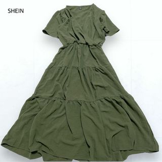 シーイン(SHEIN)の美品＊SHEIN ティアード カシュクール ロングワンピース フレア 緑 S(ロングワンピース/マキシワンピース)