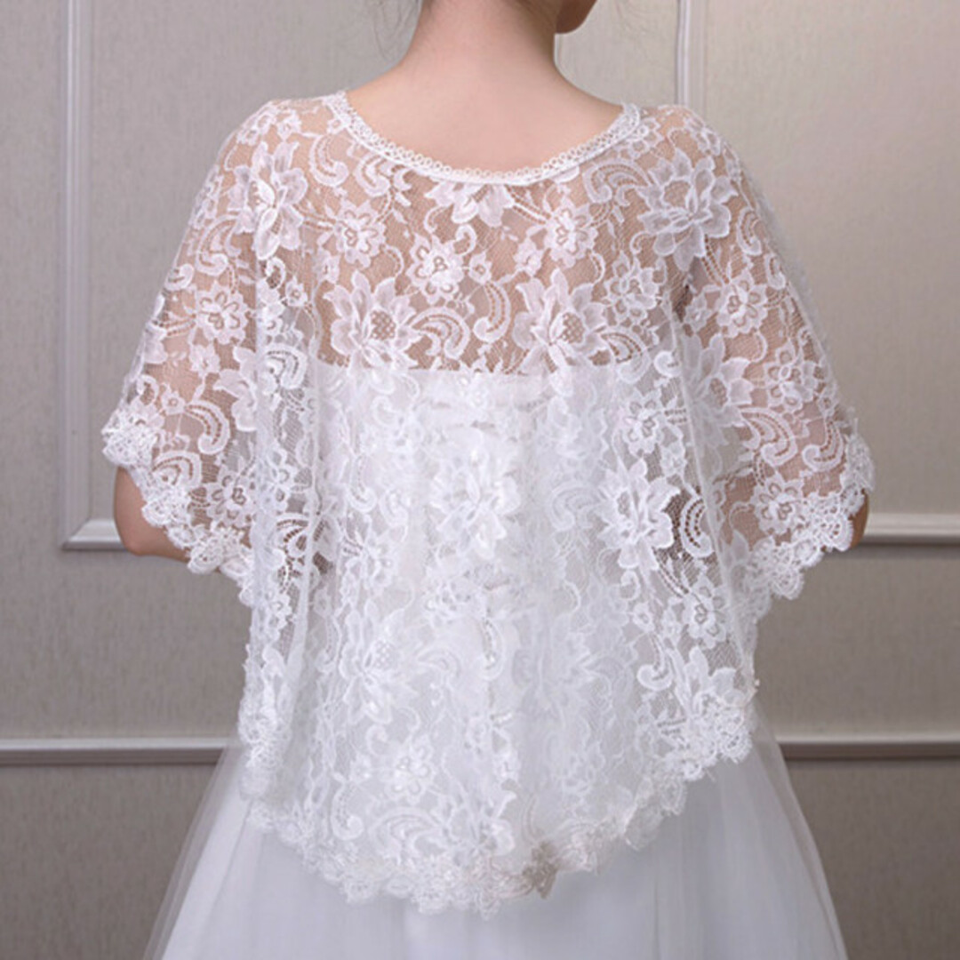 レースケープ 白 ホワイト 結婚式 パーティー ドレス 二の腕カバー ボレロ レディースのフォーマル/ドレス(ミディアムドレス)の商品写真