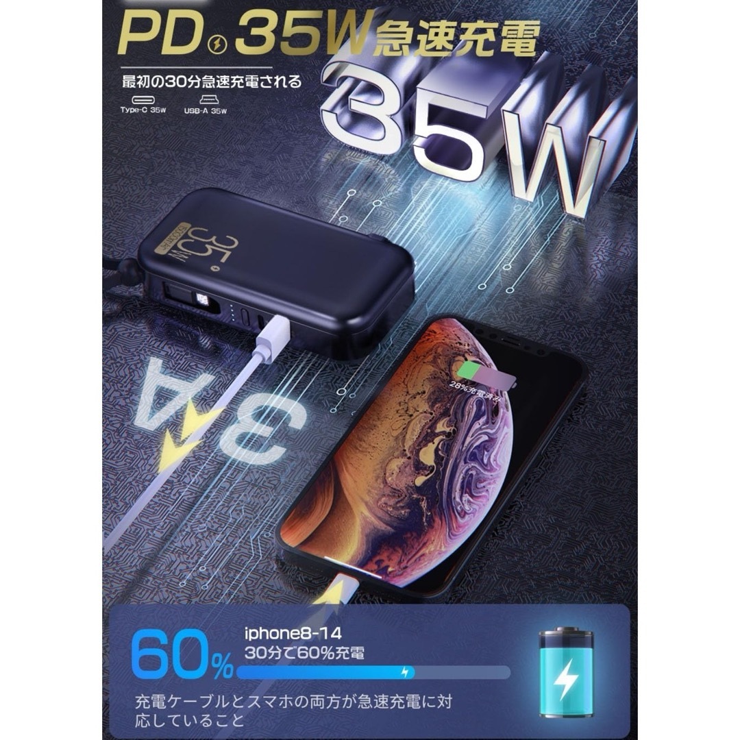 モバイルバッテリー 15000mAh 大容量 PD35Ｗ モバイル バッテリー スマホ/家電/カメラのスマートフォン/携帯電話(バッテリー/充電器)の商品写真