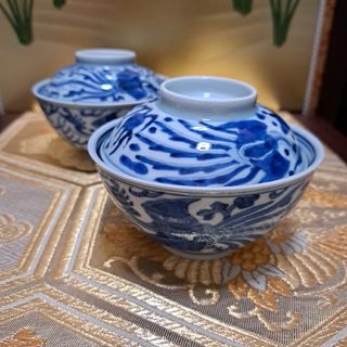 古道具　骨董品　鳳凰文　蓋付　丼　茶碗　染付　古染付　アンティーク(陶芸)