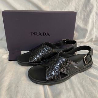 PRADA - 新品 本物 正規品 PRADA メンズ レザー サンダル クロコ ストラップ 黒