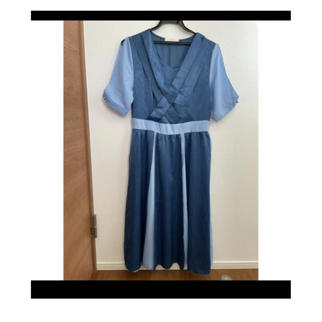 レディース ワンピース 韓国 ブルー ロングワンピース 半袖 レディースのフォーマル/ドレス(ミディアムドレス)の商品写真