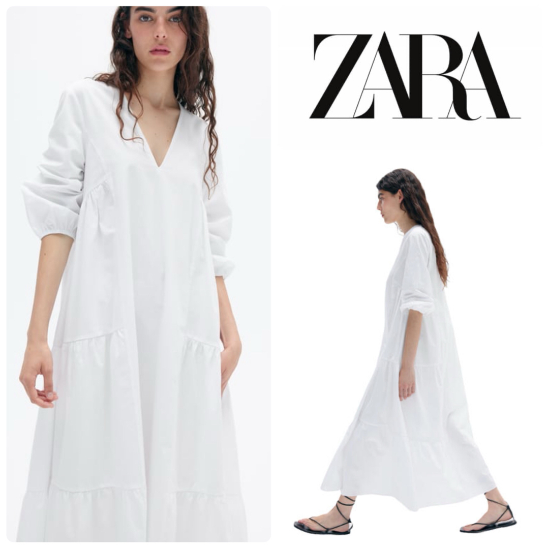 ZARA(ザラ)のZARA ザラ ホワイト　ポプリンギャザーワンピース　S ロングワンピース レディースのワンピース(ロングワンピース/マキシワンピース)の商品写真