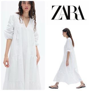 ザラ(ZARA)のZARA ザラ ホワイト　ポプリンギャザーワンピース　S ロングワンピース(ロングワンピース/マキシワンピース)