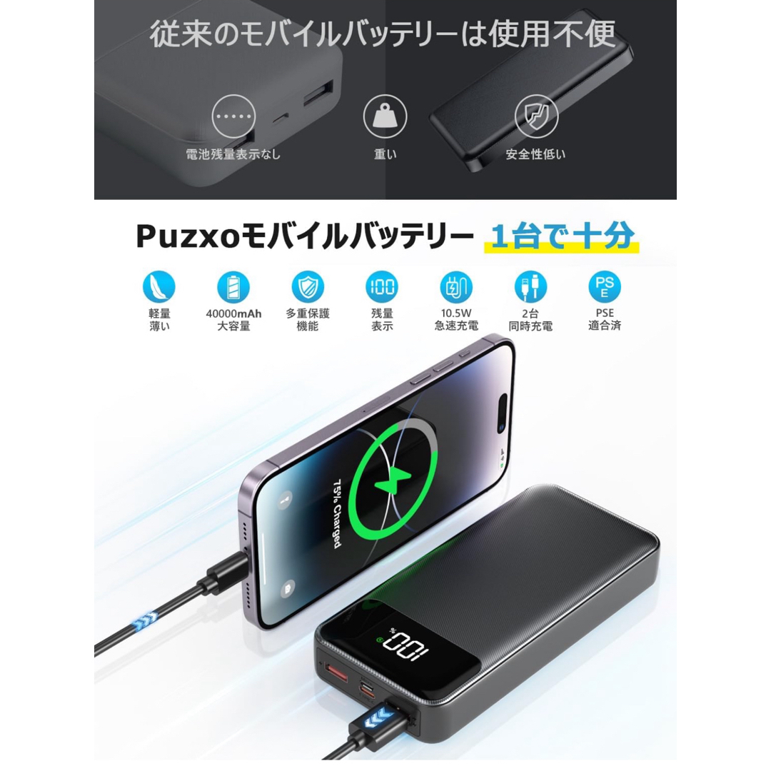 @40000mAh大容量】モバイルバッテリー 急速充電 PSE技術適合品  スマホ/家電/カメラのスマートフォン/携帯電話(バッテリー/充電器)の商品写真