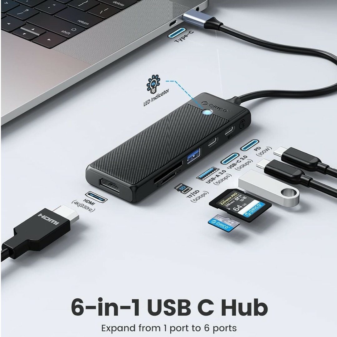 ORICO USB C ハブ 6 in 1 マルチポート Type-C ハブ スマホ/家電/カメラのPC/タブレット(PC周辺機器)の商品写真