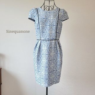 Sinequanone - シネカノン 膝丈ワンピース 白 青 半袖 M～L