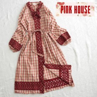 ピンクハウス(PINK HOUSE)の極美品！ピンクハウス　希少！チェック総柄　マキシ丈ワンピース　バルーン袖(ロングワンピース/マキシワンピース)