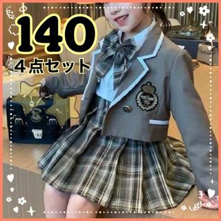 女の子　フォーマル 140 ４点セット　韓国制服　チェック　スカート　リボン(その他)