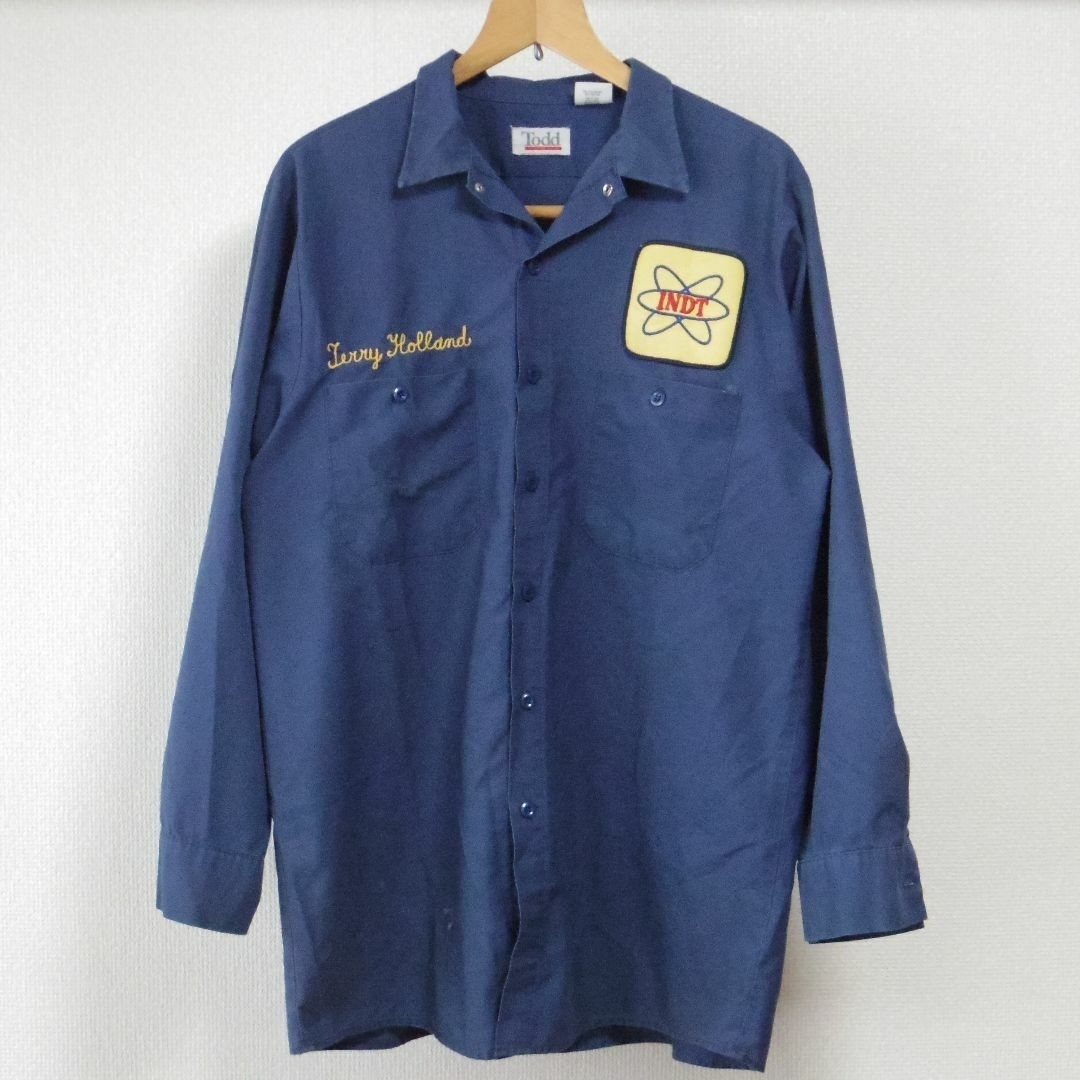 ワークシャツ ネイビー L 企業ロゴ ワッペン 刺繍 ヴィンテージ メンズのトップス(シャツ)の商品写真
