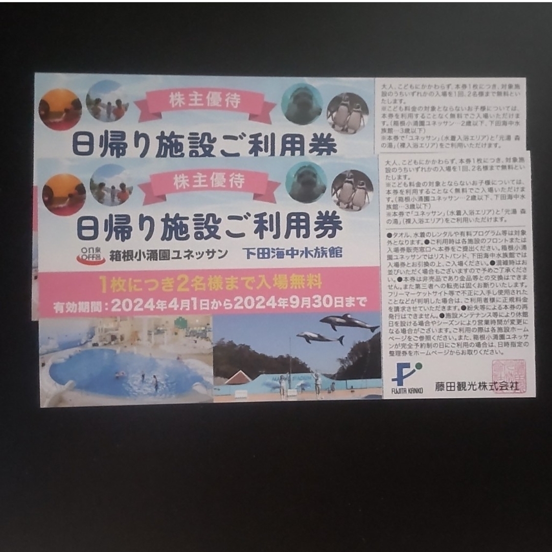 藤田観光優待券　温泉施設、水族館無料券2枚と宿泊施設割引券9枚 チケットの施設利用券(その他)の商品写真