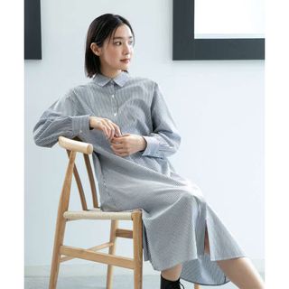 美品 ナノユニバース ストライプ柄 ロングシャツワンピース 紺白 コットン